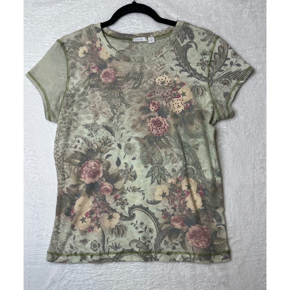 Apt. 9 Floral Paisley Tee Womens Large Green Y2K Rhinestone Short Sleeve Top